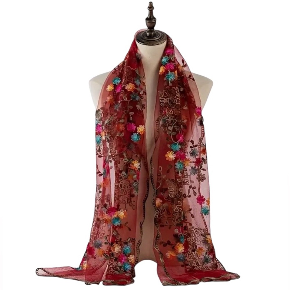 Organza scarf with embroidered flower detail